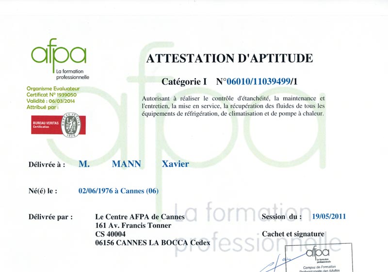 Attestation D'aptitude Fluides Frigorigènes Categorie 1 Prix